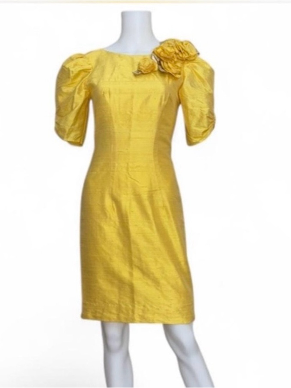 OOAK Vintage Handmade Yellow Shantung Silk Puff Sleeve Rosette Cocktail Dress